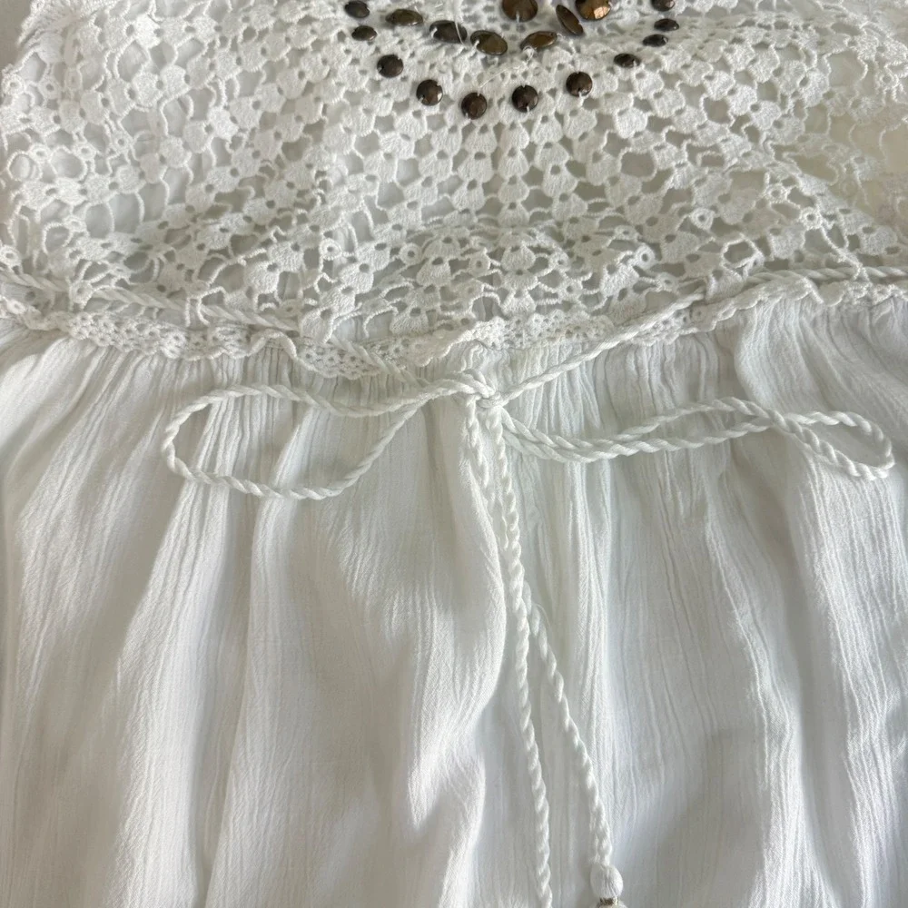 Venus Crochet Beaded Halter Maxi Dress Women XL White‎ Boho Gauze Smocked Back